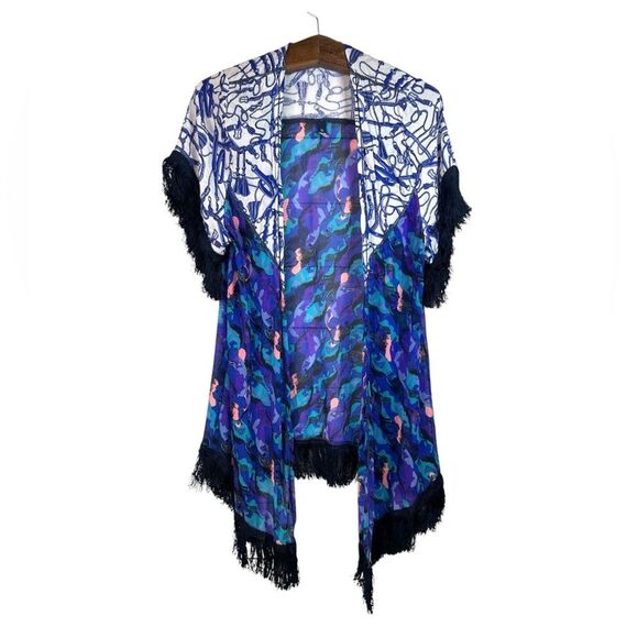 Maaji Multicolor Saddles Equestrian Print Fringe Kimono Swim Cover-up Retro Sz S - Picture 2 of 13